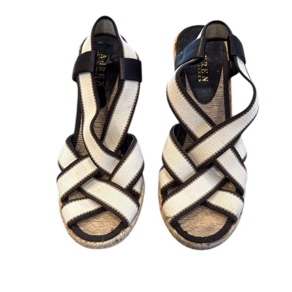 Ralph Lauren Black Cream Sandals Stretch Uppers Espadrille Size 7.5B - Picture 1 of 10